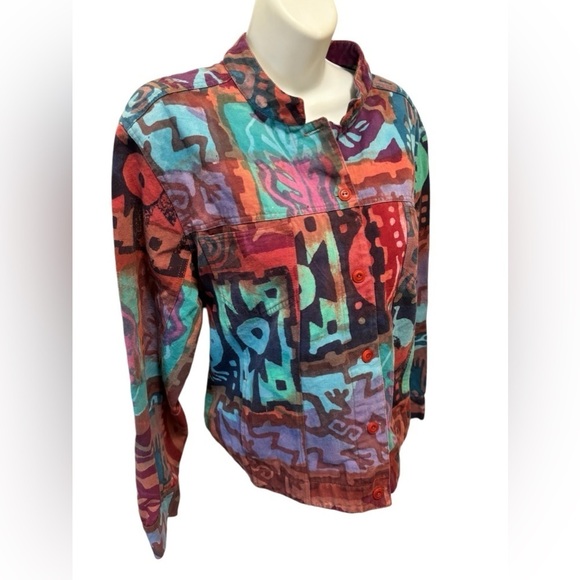 VTG Artsy Boxy Jean Jacket Sz M Colorful Graffiti Print Cotton Pockets Casual - Picture 9 of 9